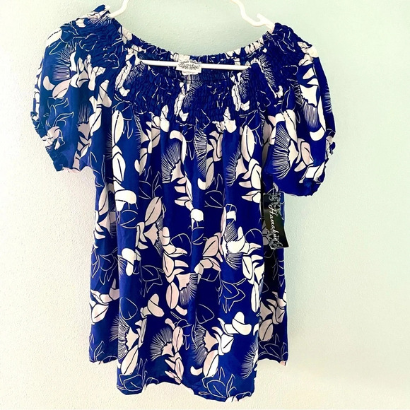 Hamakua tropical Hawaiian floral blue MUMU SMOCK TOP size small NWT - Picture 1 of 7